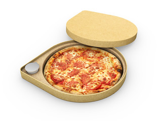 3d illustration of Pizza in a cardboard box against a white background, Pizza delivery.