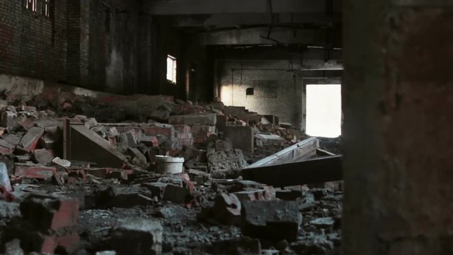destroyed brick building of a boiler-house. Dolly video
