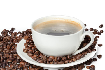 White cup of black coffee with roasted coffee beans