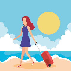 tourist girl with suitcase on the beach