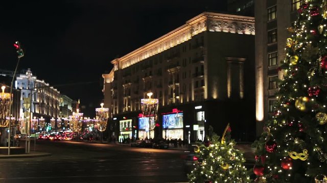 decorated for the holiday of new year and Christmas on the streets Moscow. Time lapse