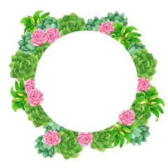 Green and pink succulent floral frame isolated on white background. Hand drawn watercolor illustration.