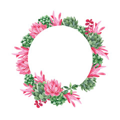 Pink and green succulent floral frame isolated on white background. Hand drawn watercolor illustration.
