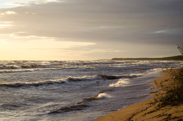 Stormy weather on the coast of Ladoga lake at sunset Karelia Russia