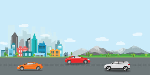 landscape city with road, car , and mountain	