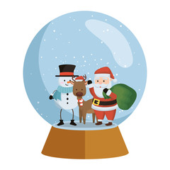 santa claus with reindeer and snowman in snow sphere