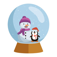 penguin with santa claus hat in snow sphere