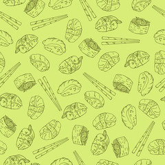 Seamless pattern with doodle nigiri sushi on pastel green background. Hand drawn vector illustration. 