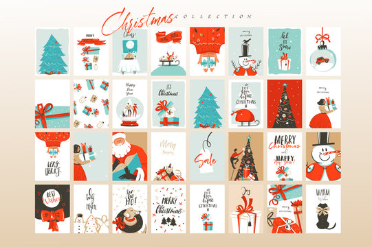 Hand drawn vector abstract fun Merry Christmas time cartoon illustrations greeting cards template and backgrounds big collection set with gift boxes,people and Xmas tree isolated on white background