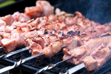 Roasted meat cooked at barbecue with smoke.