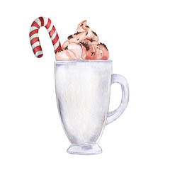 Mug of cocoa, coffee or hot chocolate witn cream and candy isolated on white background. Hand drawn watercolor illustration.