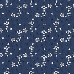 Papier Peint photo Petites fleurs Joli motif harmonieux de petites fleurs sur fond bleu foncé. Fond abstrait avec des fleurs et des feuilles décoratives. Il peut être utilisé pour les sites Web, l& 39 emballage de cadeaux, les tissus, les papiers peints. Vecteur