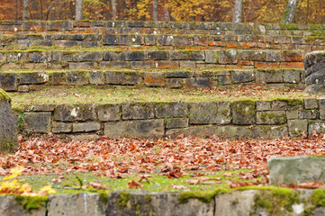 Fototapeta premium moss covered limestone steps in autumnal park