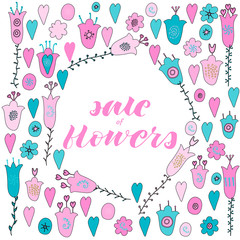 Hand drawn flowers, hearts and leaves doodle. Pink and blue pastel colors.