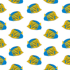 Sea fish drawing with ink on white background, summer seamless pattern background