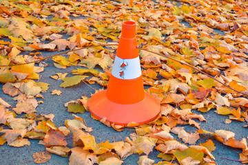 Traffic cone, dry fallen autumn leaves on the concrete asphalt