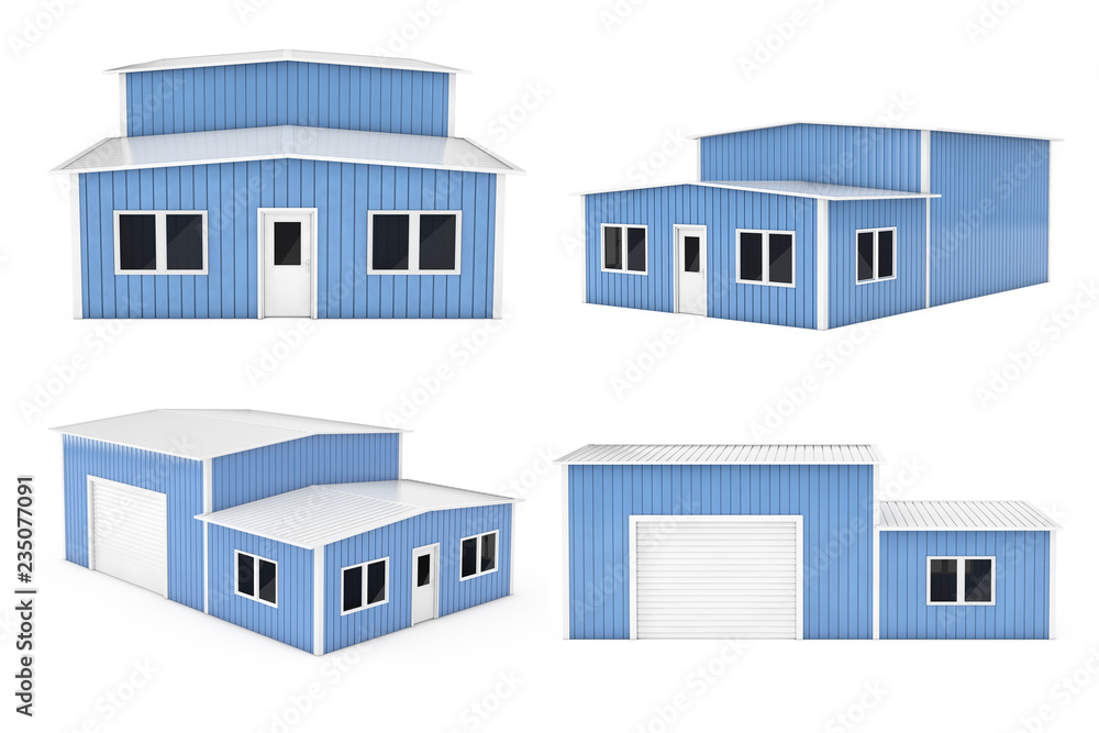 Poster Office and Storage Warehouse Building Set. 3d Rendering