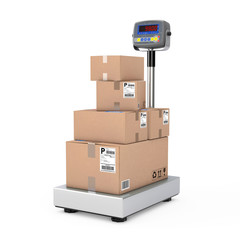 Stacked Cardboard Boxes Parcels over Warehouse Digital Cargo Scales. 3d Rendering