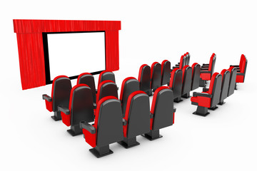 Red Cinema Movie Comfortable Chairs in front of Cinema Screen with Open Red Curtain. 3d Rendering