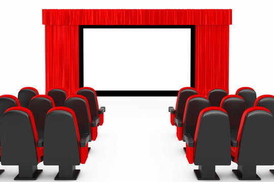 Red Cinema Movie Comfortable Chairs in front of Cinema Screen with Open Red Curtain. 3d Rendering