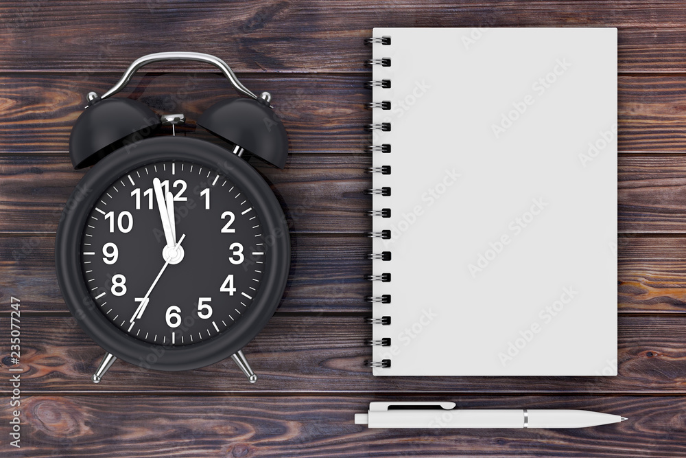 Poster black alarm clock with pen and blank notepad for your design. 3d rendering