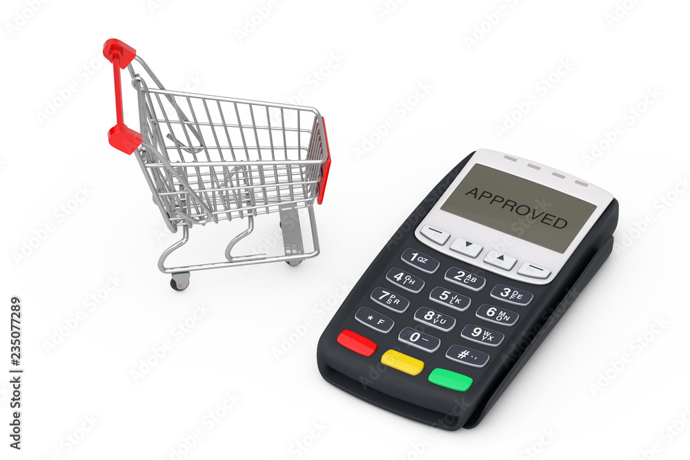 Poster shopping cart near pos terminal machine. 3d rendering