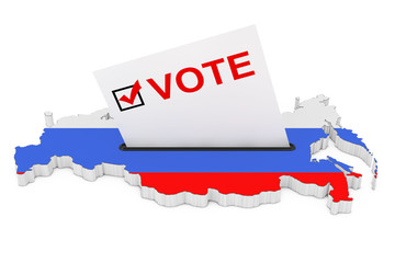 Voting in Russia Concept. Voting Card Half Inserted in Ballot Box in Shape of Russian Map with Flag. 3d Rendering