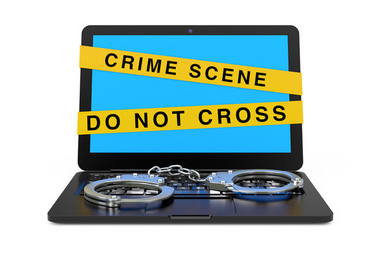 Laptop with Handcuffs and Crime Scene Tape. 3d Rendering