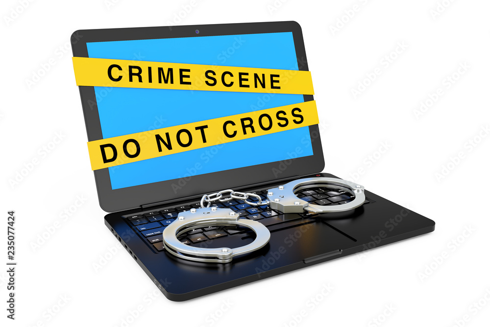 Aufkleber laptop with handcuffs and crime scene tape. 3d rendering