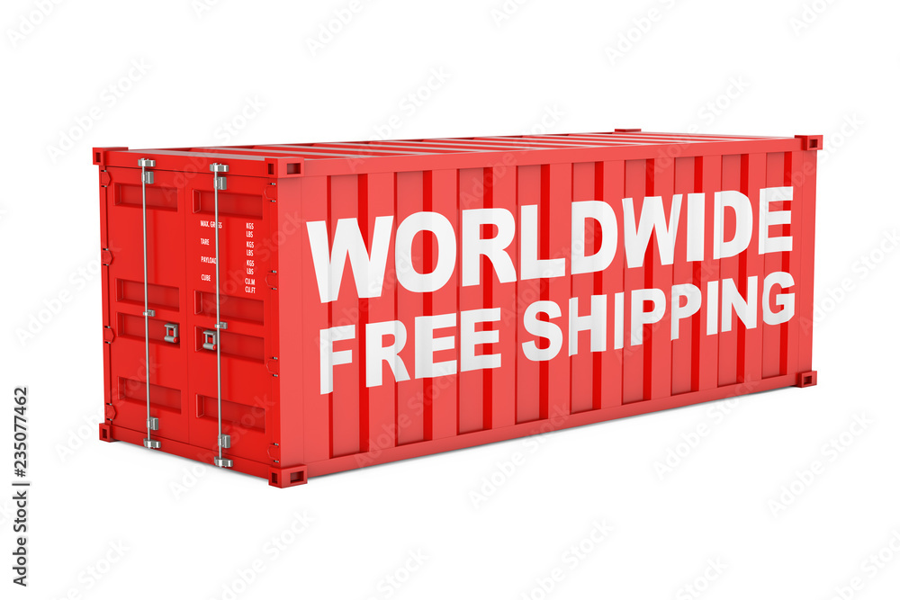 Poster red shipping cargo container with worldwide free shipping sign. 3d rendering