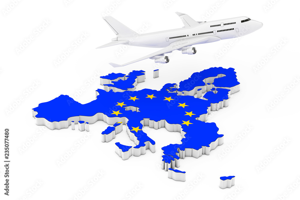Poster white jet passenger's airplane flying over map of european union with flag. 3d rendering