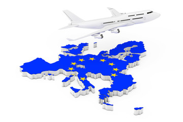White Jet Passenger's Airplane Flying Over Map of European Union with Flag. 3d Rendering