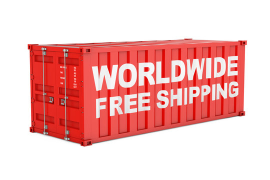 Red Shipping Cargo Container with Worldwide Free Shipping Sign. 3d Rendering