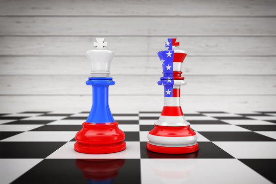 US America and Russia Flags on Kings Chess over a Chess Board. 3d Rendering