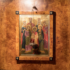 Icon depicting the royal family hangs on the wall in the lower hall of Alexander Nevsky church in Jerusalem, Israel