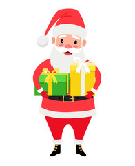 Santa Claus holding gift boxes, Christmas icon on white background, vector illustration