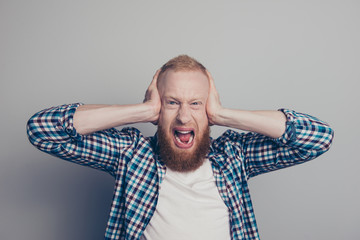 Portrait of close ears two hand man with wide open mouth look at