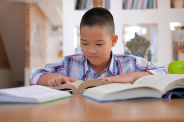 little asian kid boy child children studying reading book.