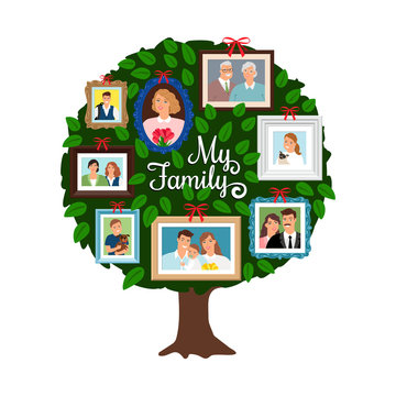 Family tree. Vector genealogical tree with green leaves, grandfather and sister, ancestor and friendly people isolated on white