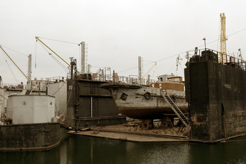 Archive 2008 River port of Ust-Danube was destroyed in of crisis. Old rusty boats on stocks in dry...