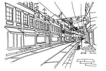 Hand drawn ink line sketch of street scene in Zagreb, Croatia.