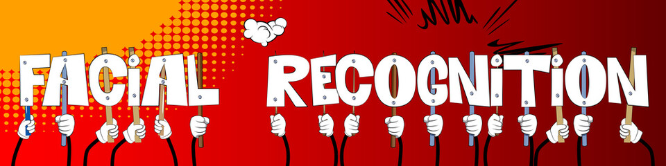 Diverse hands holding letters of the alphabet created the word Facial Recognition. Vector illustration.