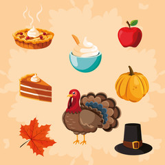 turkey of thanksgiving day with set icons