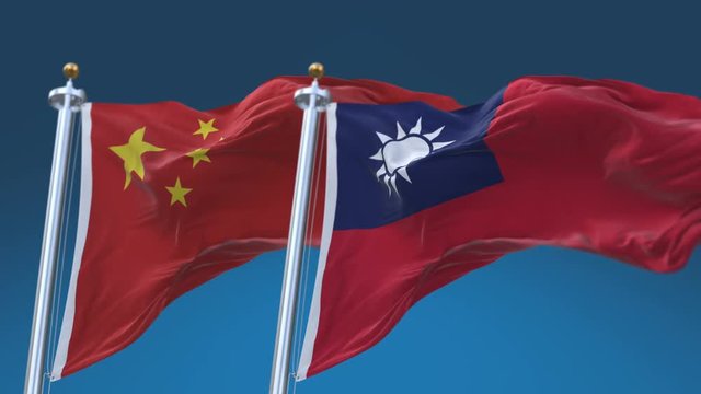 4k Seamless Taiwan and China Flags with blue sky background,A fully digital rendering,The animation loops at 20 seconds,TWN CN.