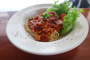 Spaghetti on dish in cafe