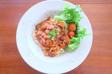 Spaghetti on dish in cafe
