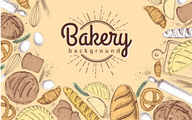 Bakery background. Top view of bakery products