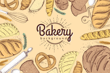 Bakery background. Top view of bakery products