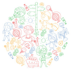 Happy children playing at seashore, beach, sea, ocean. Kids vacation and travelling. Swimming, doodle icons globe, cruise ship, cocktails.
