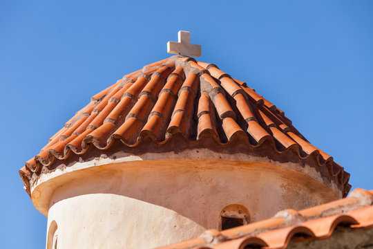 Detail of architecture church in Vathia town, Mani Greece.